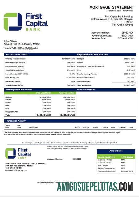 para download Modelo Word e PDF de declaração de hipoteca do Malawi First Capital Bank Malawi